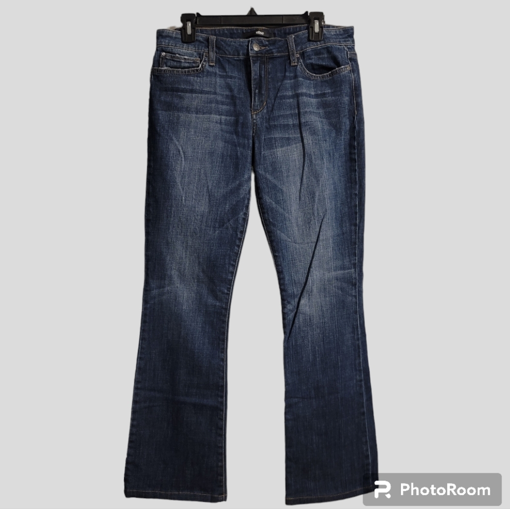 ELSE Curvy Boot Jeans Womens Size 31 Blue Whiskered Mid-Rise Stretch Distressed